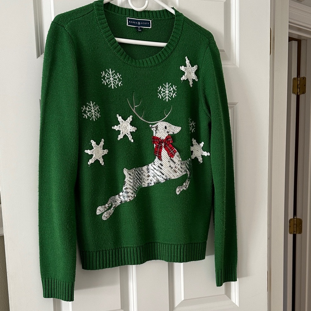 Karen Scott Green Sweater with Silver Reindeer